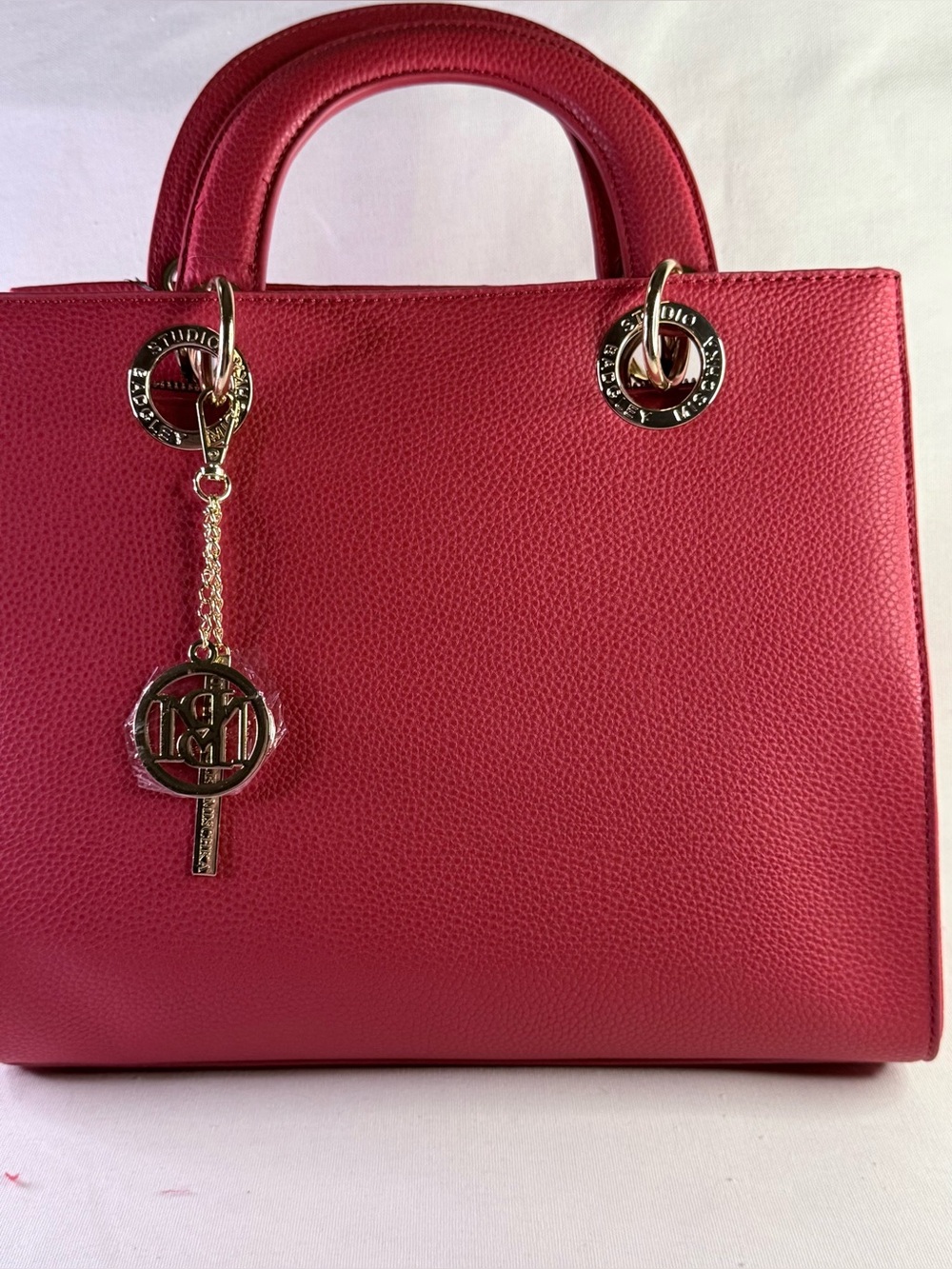 Bradley Mischka Red Satchel Bag with Crossbody/Shoulder Strap and Gold Hardware